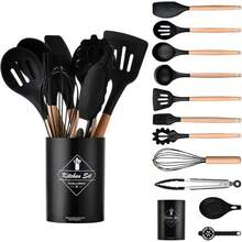 Juego de Utensilios de Cocina de Cerámica y Madera: Utensilios de Cocina Resistentes al Calor con Espátula/Cuchara/Mixer, Adecuados para Utensilios de Cocina Antiadherentes - Negro - Ver 9