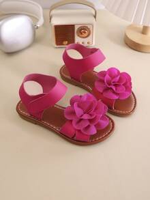 女童夏季圆头平底凉鞋，花童鞋，女童校鞋，少女鞋。花朵图案，居家休闲、海滩度假、户外购物皆宜。 - 玫瑰紅 - 查看 2