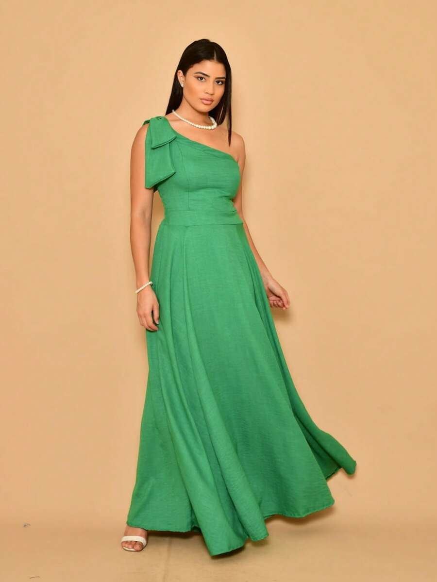 Helena Long Dress Luxury Plain Duna Linen With Bow One Shoulder - 綠色 - 查看 1