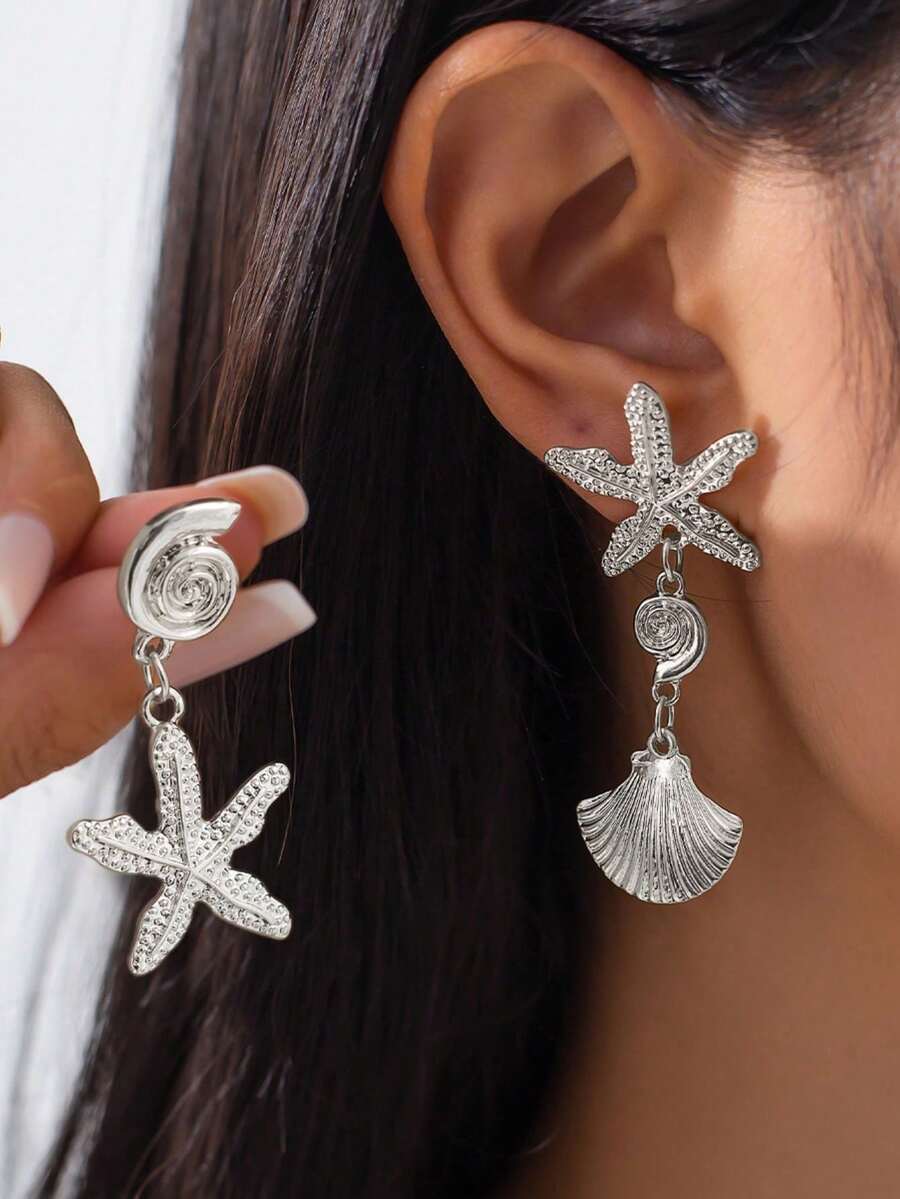 海滩风格耳环，批发海星金属个性化耳钉，海滨贝壳珠宝配饰