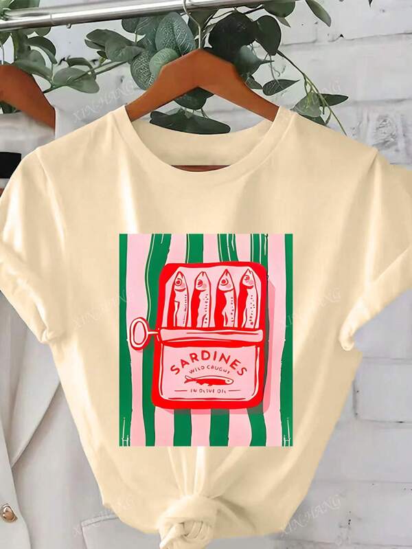 Camiseta de cuello redondo con estampado gráfico, top de verano de manga corta casual y holgado, de material de punto, para mujer