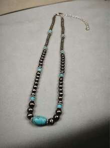 Collana vintage in turchese, gioielli con perle in stile western country con finitura argento per donna