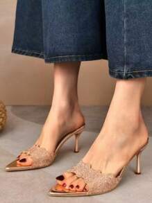 Sandales à talons aiguilles pour fête de mode classique à bout ouvert blanc pour femmes grande taille, Mules à talons hauts stilettos en or champagne brodées