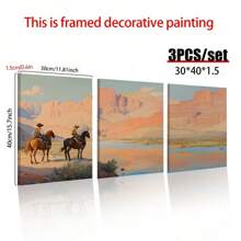 3pcs Cowboy 3 PiecesWall Art, Western Oil Painting Set Of Three Prints, Desert Landscape, Rodeo Horseback Riding Equestrian Decor