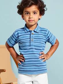 Ținută de vară pentru băieți, 2 buc., include tricou cu guler polo, mânecă scurtă, dungi albastre și pantaloni scurți simpli albi, îmbrăcăminte casual și confortabilă pentru copii, pentru exerciții zilnice, în aer liber, vacanță și recreere