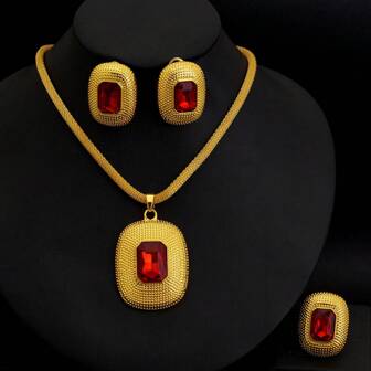 迪拜 - 埃塞俄比亚传统女士珠宝套装，金色经典方形吊坠戒指和耳环，非洲和中东新娘婚礼奢华珠宝礼物