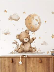 1pc Glam Style Teddy Bear With Balloon Wall Decal, Detachable Waterproof PVC Sticker, Glitter Embellished, Self-Adhesive, Single Use, Asymmetrical Shape, For Plastic Surfaces - Multicolor - View 1