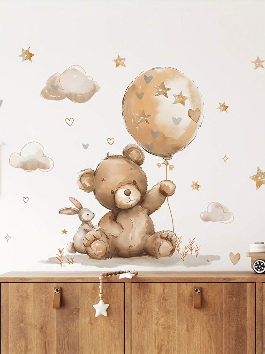 1pc Glam Style Teddy Bear With Balloon Wall Decal, Detachable Waterproof PVC Sticker, Glitter Embellished, Self-Adhesive, Single Use, Asymmetrical Shape, For Plastic Surfaces - Multicolor - View 1