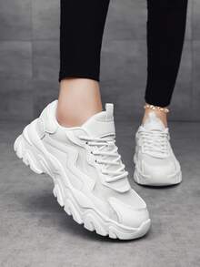 女士时尚休闲运动鞋，轻便透气网眼皮革拼布鞋，舒适软底防滑户外运动鞋，适合派对、学校、工作、日常通勤 - 白色 - 查看 4