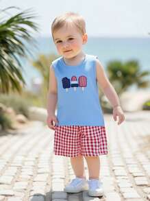Kid Boy 4th Of July Outfit Popsicle Embroidery Round Neck Tank Tops+ Plaid Shorts 2Pcs Outfit