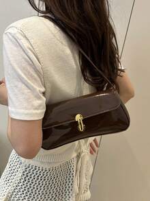 Women's Vintage Faux Oiled Leather Flap Decor One Shoulder Underarm Bag, Suitable For Dating, Outing, Party - Coffee - View 4