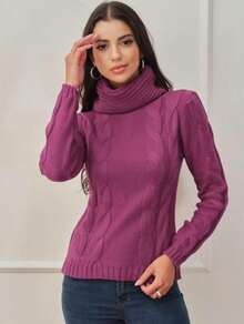 Women's Knitted Blouse High Neck With Front Brace Winter Elegant--- - 中紫紅色 - 查看 1