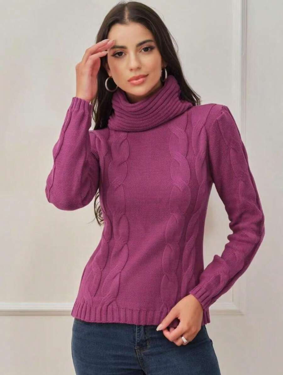 Women's Knitted Blouse High Neck With Front Brace Winter Elegant--- - 中紫紅色 - 查看 1