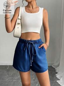 Mobula Sound# Sexy Music Festival Casual Vacation Stylish Fashion Elegant Elastic Waist Loose Women Blue Denim Shorts, Spring/Summer