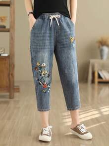 Bohemia Fashion Flowers Embroidered Tapered Jeans - Thin And Breathable, Ripped Holes, High Waisted, Women's Loose Fit Cropped Pants For Summer - 藏蓝色 - 查看 2