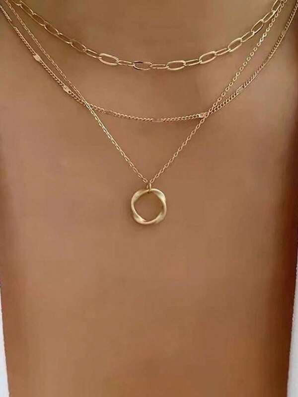 1pc Thick Triple Layer Circle Pendant Choker Necklace For Women, Stylish