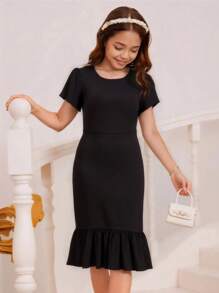 Vestido casual de verano para niñas de unicolor, cuello redondo, manga corta y longitud hasta la rodilla