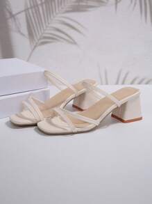 Women's Elegant White High-Heel Sandals - Square Toe, Chunky Heel, Faux Leather Strap, All-Season Formal Shoes, Stiletto Heel