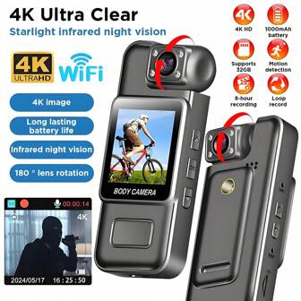 1080P 高清可穿戴摄像机，配备高清屏幕、4K WiFi、录音机、语音录制、袖珍相机、USB 充电、180° 旋转、运动相机、手持稳定器、袖珍运动相机、夜视相机，适用于生活记录、旅行、视频博客、直播和户外探险 - 送给情侣、返校或复活节的完美礼物