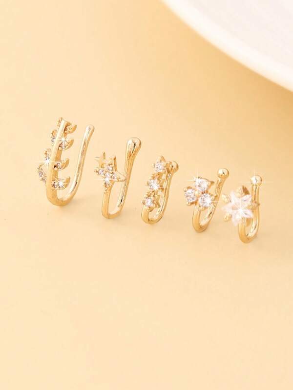 5 peças de flor de zircônia cúbica embutida em cobre, estrela, folha, clipe de nariz, piercing de nariz, joia corporal falsa