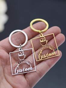 Customizable Stainless Steel Coffee Cup Keychain - Engraved With "Custom" And Coffee Pattern, Durable Gold Metal Key Ring, Suitable For Baristas, Coffee Lovers, Holiday Gifts (Halloween/Christmas/Thanksgiving) - Car/Bag Accessory, Coffee Shop Supply