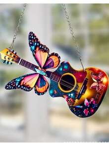 1 pieza Atrapasol de acrílico con mariposa, decoración colgante para ventana y puerta con escena festiva, decoración navideña, regalo del Día de San Valentín o del Maestro, colgante retro con flor, mariposa, guitarra o coche plano