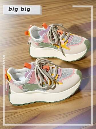 新款女士拼色运动鞋，厚底休闲运动鞋，防滑百搭，适合秋冬季