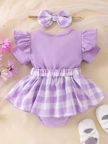 Baby Girl Plaid Romper Dress Bear Patch Fake Two-Piece Ruffle Short Sleeve Bodysuit With Bow Headband 2 Pcs Summer Outfit - Màu tím - Xem 2