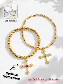 1pc Custom Birthstone Bracelet, Gold Cross Pendant Bracelet For Women, Suitable As Birthday Gift, Graduation Gift, Friendship Token, Thanksgiving Gift, Anniversary Gift