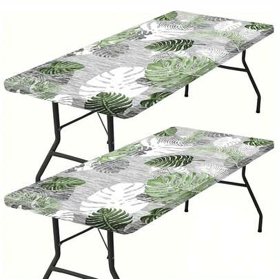 1 块热带树叶印花弹性桌布 - 绿白图案，涤纶，编织，矩形户外桌布，适用于露台和花园，花园桌布 | 热带主题 | 涤纶面料，户外餐厅装饰