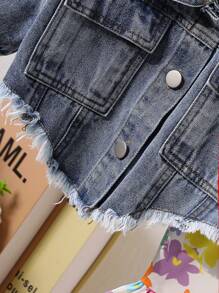 2pcs/Set Tween Girl Casual Outfit: Denim Vest And Ditsy Floral Dress, Summer Clothes