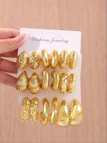 6-18pcs/Set High-End Gold-Color Chunky Twisted C-Shaped Teardrop Earrings Set, Suitable For Women Fashion Metal Geometric Round-Shaped Earrings, Personalized Exaggerated CCB Hoop Earrings Vintage Circle Earrings Set