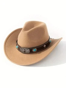 1pc Unisex Western Cowboy Hat With Removable Turquoise Bead Silver Cow Decor Band, Suitable For Party Gathering And Daily Wear