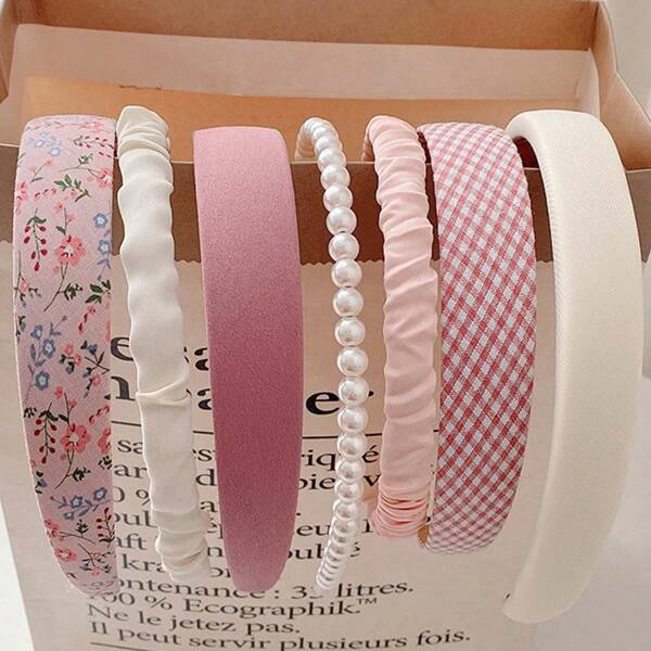 7-delige set haarbanden met imitatieparels in snoepkleur voor dames, veelzijdige haaraccessoires voor lente- en zomeruitjes, modieus, elegant, retro, lief, meisjesachtig, geschikt voor vakantie, strand, dates, Valentijnsdag, vrienden, woon-werkverkeer en studenten. Diadema haarband