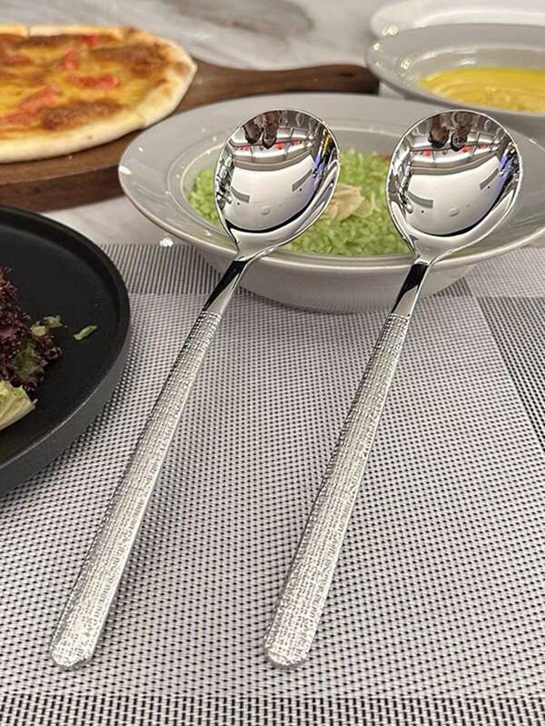 1PC New Luxury Stainless Steel Eating Spoon, Tableware Household Long Handle Round Spoon, Cute Large Spoon