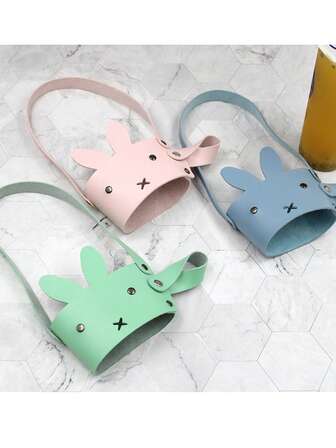 1件卡通兔子皮革杯套便携手柄户外奶茶杯套一体式吸管奶茶杯套