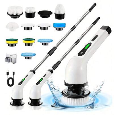 Cepillo de limpieza eléctrico 13 en 1, fregador de suelos eléctrico giratorio, fregador de suelos eléctrico giratorio inalámbrico, 11 cabezales de cepillo reemplazables y mango telescópico ajustable, cepillo de limpieza inalámbrico de 360° para baño, bañera, azulejos, productos de limpieza, tiempo de funcionamiento 90-120 minutos, adecuado para cocina, baño, hogar, artículos para el hogar