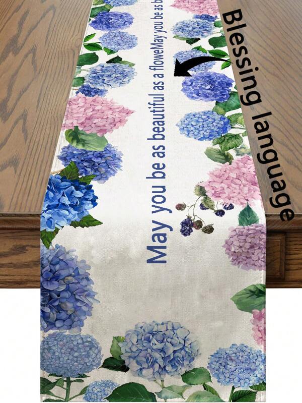 1 pièce Chemin de table thème d'été, en tissu polyester avec des éléments de peinture d'hortensias, décoration de table à manger pour la maison, texte personnalisable disponible