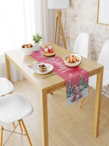 1 pièce Chemin de table rose de Noël, en tissu polyester avec éléments de peinture de Noël, décoration de table à manger pour la maison, design personnalisable