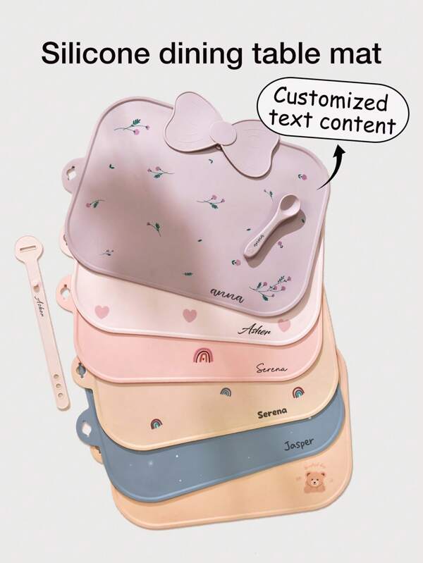 3pcs Set Customized Kids Silicone Placemat + Foldable Storage Cord + Bowknot, Featuring Tulips, Rainbows, Hearts, Bears, Planes & Cars Patterns, Non-Slip & Washable Dining Mat, Feeding Supplies, Personalized Gift For Boys & Girls, All Season,Multi-Functional,Ornamental,Letter,Stylish,Modern,Colorful,Cute,Adorable,Casual,Custom,Personalised,Unique,Customized,Ideal Gifts For Him,Ideal Gifts For Her