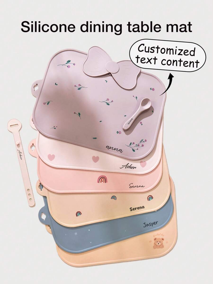 3pcs Customized Kids Silicone Placemat Set Featuring Rainbow Heart Patterns Non-Slip Washable Feeding Mat Personalized Gift, Baby Shower Gift - Multicolor - View 1