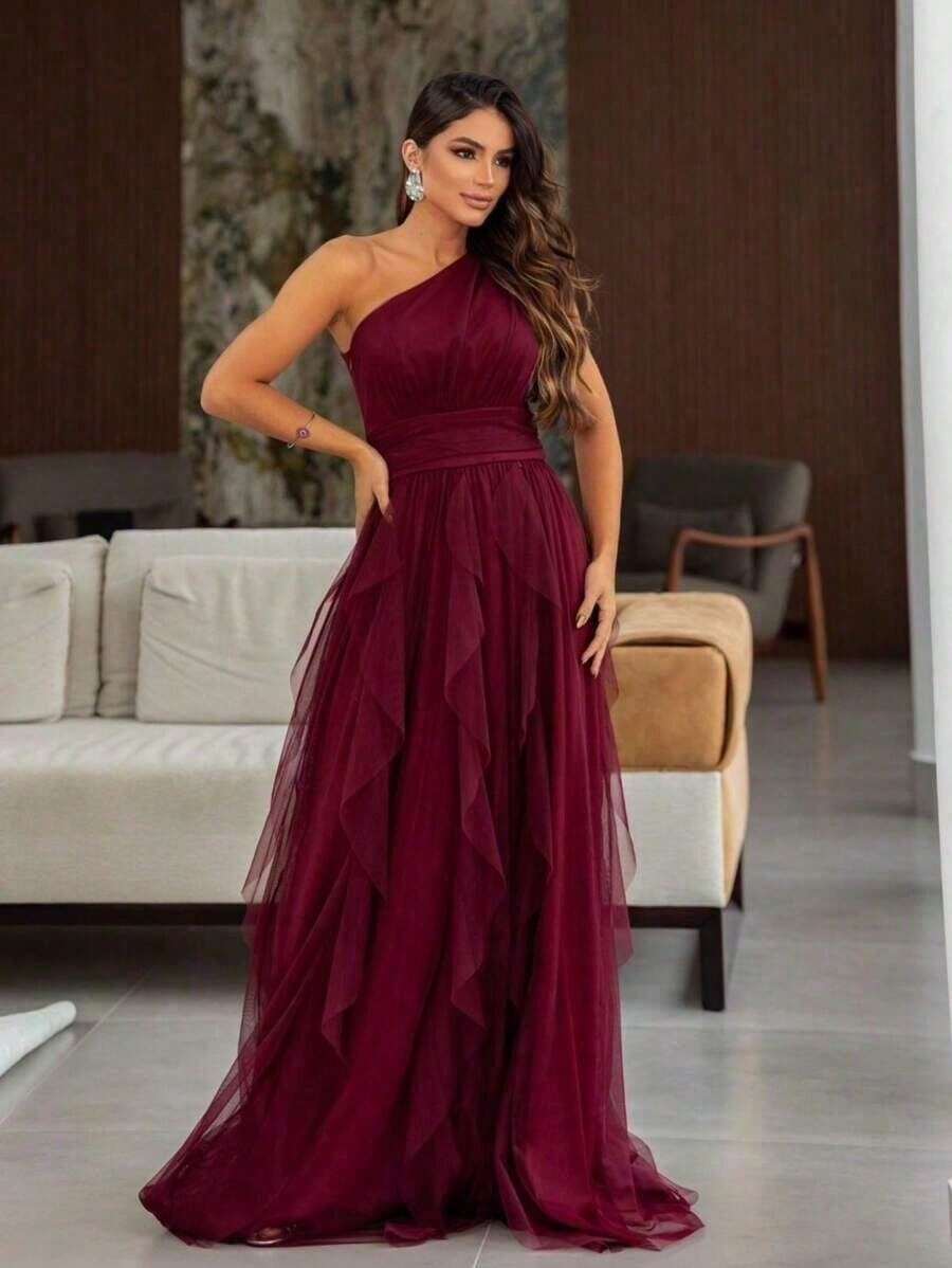 LONG PARTY DRESS WEDDING BRIDESMAIDS GRADUATES ONE SHOULDER CASCADE SKIRT GRADUATION - Color caoba - Ver 1