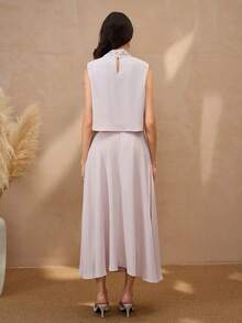 优雅蝴蝶结吊带背心搭配饰有串珠蝴蝶图案的铅笔裙，女士奢华复古两件套 - 粉 - 查看 2