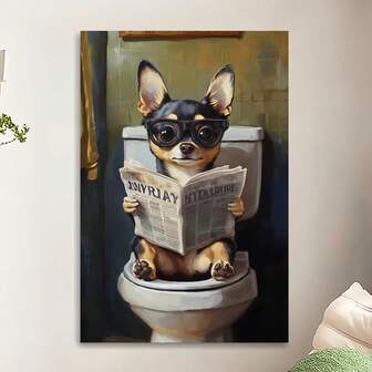1 Pieza, Un perro sentado en el inodoro leyendo periódicos, Pósteres con impresión de animales, Lienzo impermeable, Apto para hogar, oficina, dormitorio, sala de estar, estudio, baño, bar, arte de pared y decoración del hogar, es un regalo ideal para las vacaciones