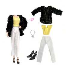 手工娃娃配饰时尚套装，冬季娃娃服装，休闲夹克，带口袋和帽子。1套包含：1套服装，1条项链，1双鞋子（款式和颜色随机），1对耳环。适用于11.8英寸娃娃（娃娃不包含）