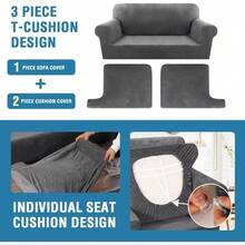 Sofa Cover 3 Piece T Cushion Loveseat Slipcovers Thick Velvet Couch Cover Stretch T Cushion Sofa Covers For 2 Cushion Couch With 2 Individual T Cushion Covers Washable, Stone Blue - 中性灰色 - 查看 10