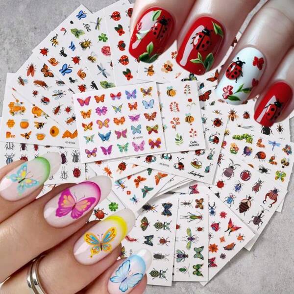 30pcs Insect & Butterfly Nail Stickers, Nail Art Decorations, Nail Tips Suitable For Short Nails, Nail Art Supplies, For Halloween, Girls, Women, Nail Technicians, Nail Salons