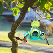 Feeding Container Metal Bird Feeder, Garden Cute Frog Shaped Durable Bird Water Bowl Hanging Cute Bird Food Dispenser - 綠色 - 查看 3
