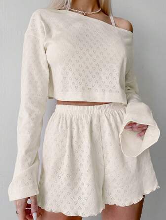 Set de 2 piezas de top de manga larga y shorts de punto suave y elástico para mujer, ropa de estar en casa cómoda para otoño e invierno