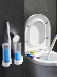1 Set Disposable Toilet Brush, 1 Base And 6 Replaceable Heads, Portable Toilet Brush With Refill, Essential For Dorms, College Dorms, Back-To-School Supplies, Bathroom Decor, For Thoroughly Cleaning Household Toilets And Bathroom Fixtures, Suitable For Sinks, Bathtubs, Mops, Swimming Pools (Random Color & Style)